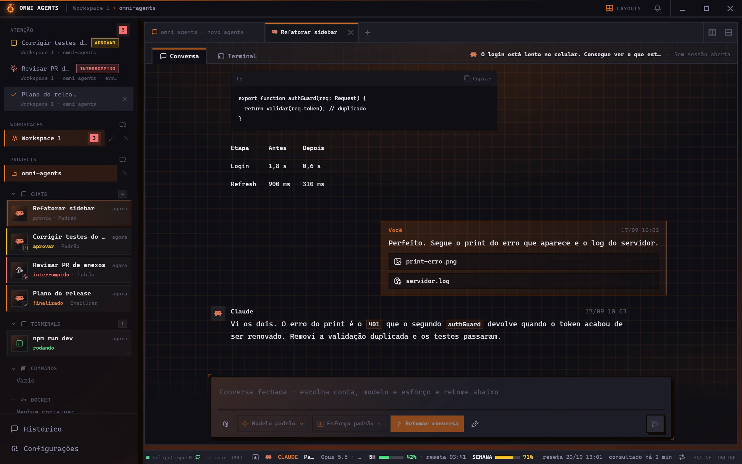 OMNI AGENTS com uma conversa aberta: lateral com os chats e seus status, a conversa no centro e o uso da conta no rodapé